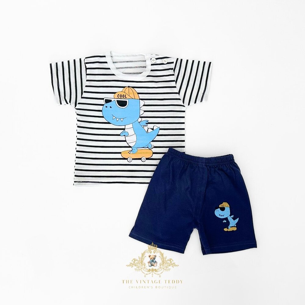 NWT Cute Boys Matching Set Kids T-shirt & Shorts 2-Piece Dino Skater Dude 9-12M - Picture 1 of 3